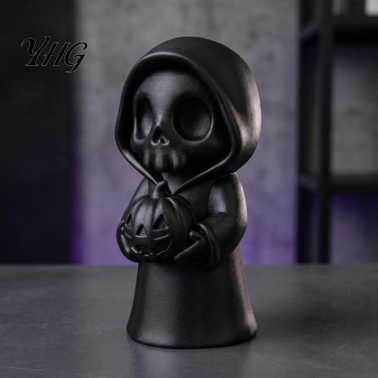 Halloween Decorations 3D Printed Grim Reaper Figurine Holding Pumpkin, Blank DIY Tabletop Seasonal Decor Paintable Statue, Cute Desktop Shelf Holiday