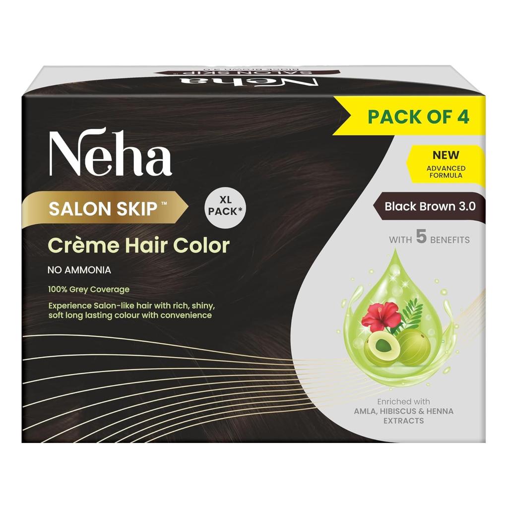 Neha Salon Skip Crème Haarfarbe Ammoniakfrei Packung mit 1 (20g+20mlX4 Beutel) Mit Amla Hibiskus Henna Für Weiches Glänzendes Haar Schwarzbraun