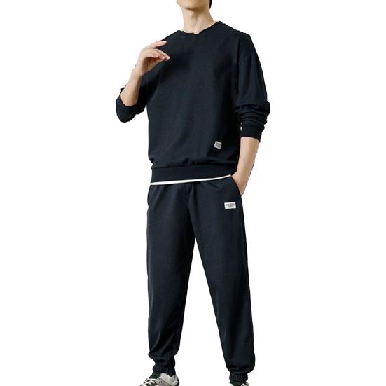 2Pcs/Set Men Casual Sport Suit Waffle Texture O-neck Long Sleeve Sweatshirt Elastic Waist Pockets Jogger Pants Set Loose Fit Sweatshirt Suit