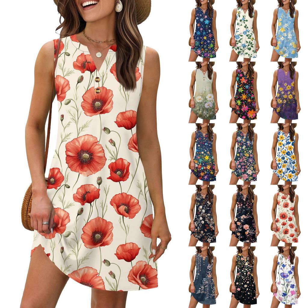 Ladies' Fashionable Floral Patchwork Printed V-neck Button-down Pocket Vest Dress, Beach Vacation Summer Dress