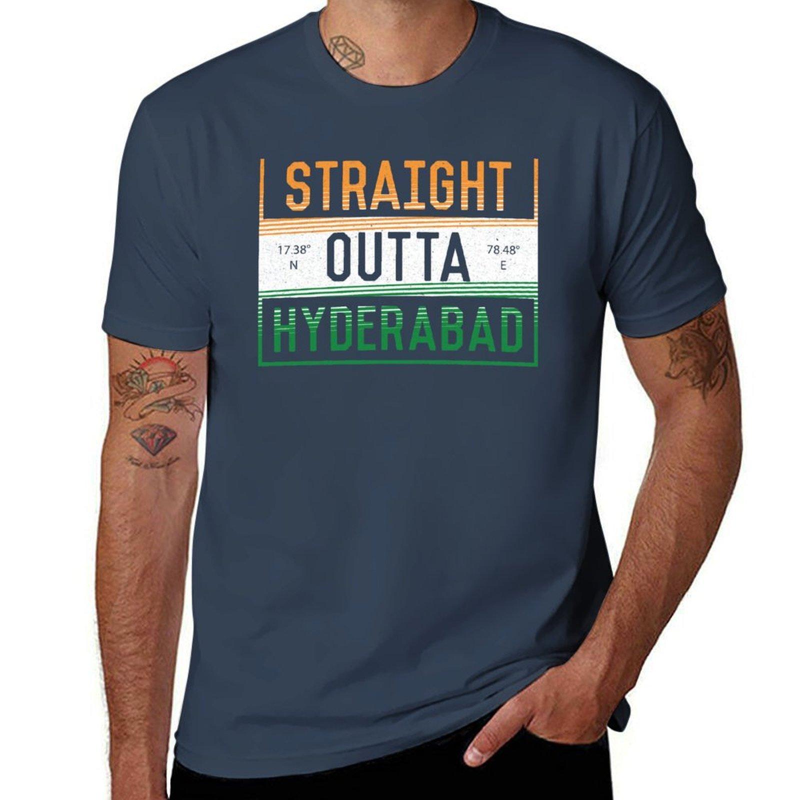 Straight Outta Hyderabad Funny Indian Quotes TShirt man t shirt luxury black cotton tshirt plain for man package TShirt S