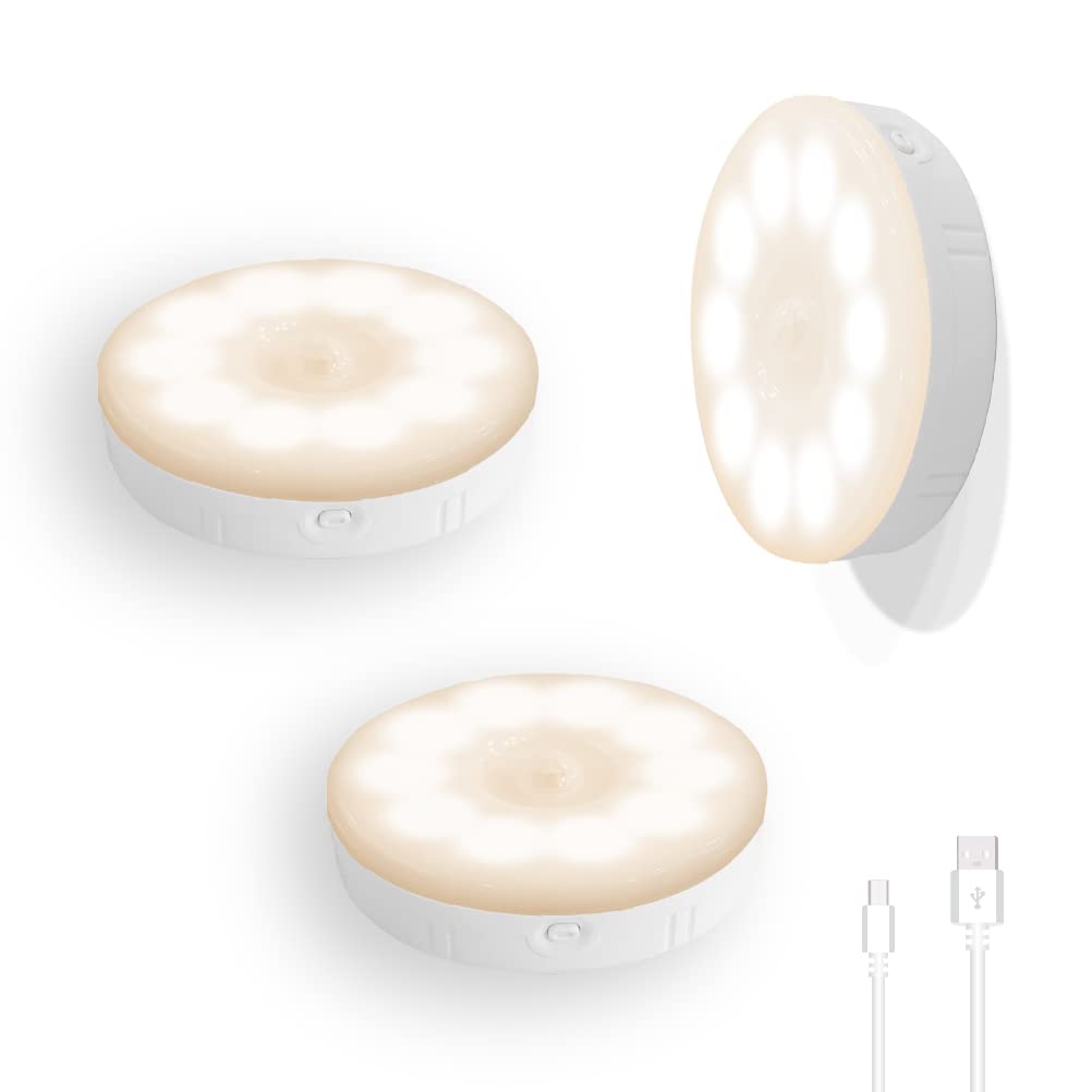 

NeoClear Rechargeable LED Motion Sensor Light with Button Switch, Indoor Light Sensor, Magnet, Double-Sided Tape Included, Warm White, Pack of 3