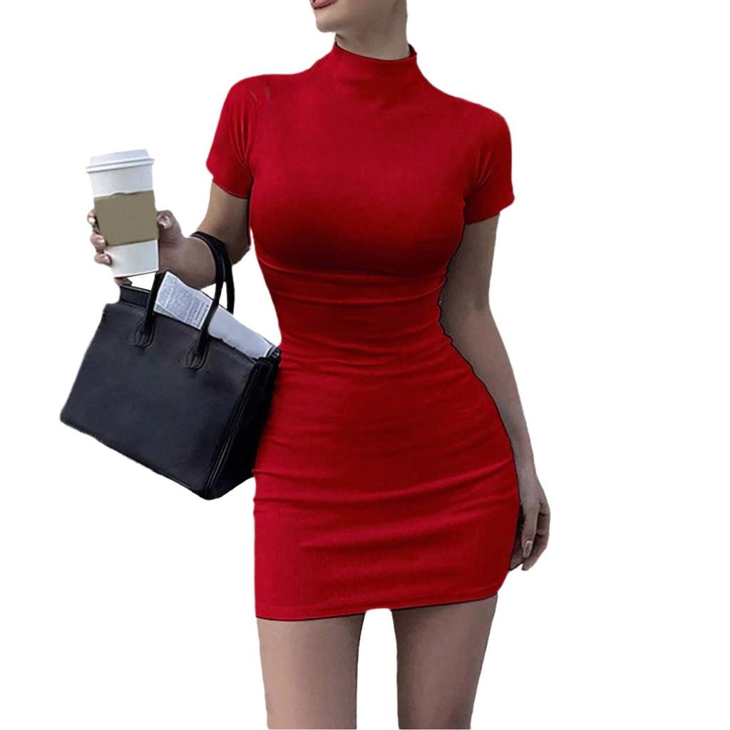 Rochie Scurtă Slim Fit Versatilă cu Temperament, Culoare Solidă la Modă, Guler Înalt, Mâneci Scurte