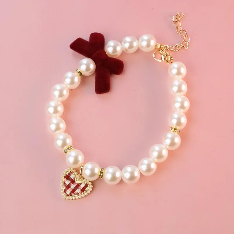 New Series Cat Collar Imitation Pearl Vintage Love Crystal Pendant Neck Ornament Cute Puppy Accessories Also Suitable for Dog