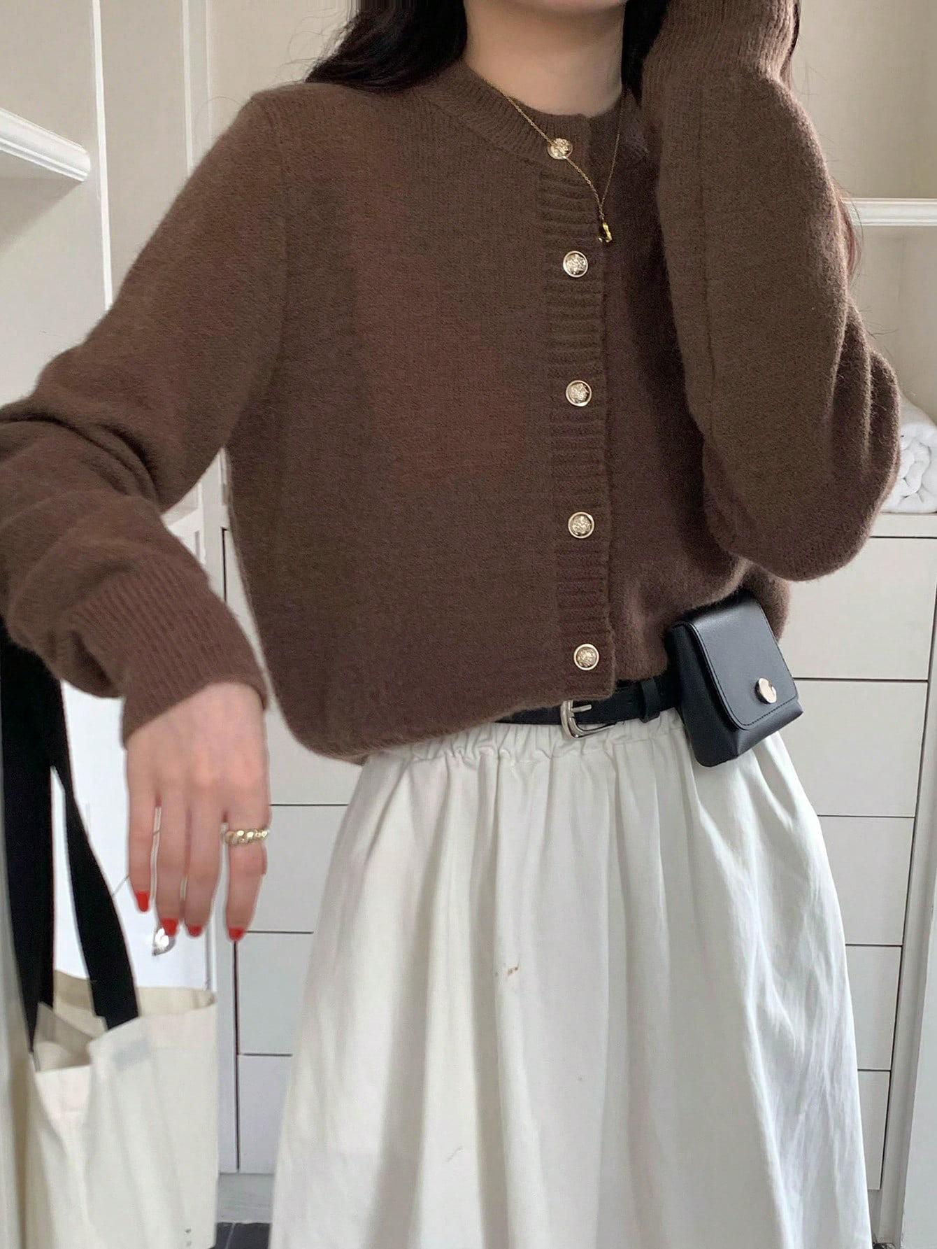 

Однотонный кардиган на металлических пуговицах, с круглым вырезом, теплый вязаный свитер-куртка one size кофейный