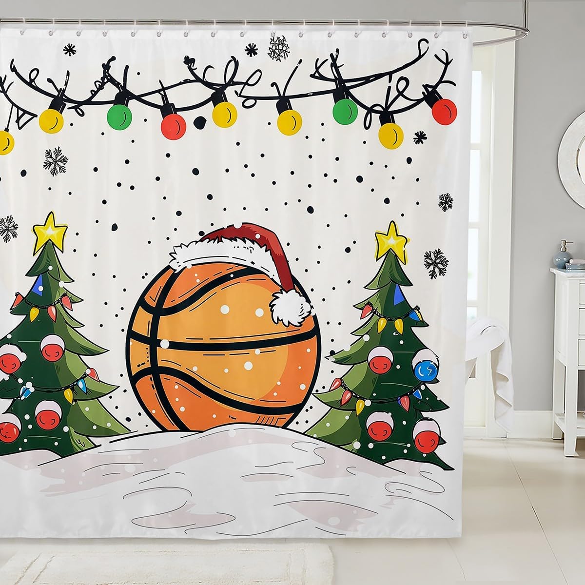 

Christmas Basketball Shower Curtain with Xmas Tree Sports Print, Cool Waterproof Bathtub Decor for Merry Christmas Party 90x180cm35x71in