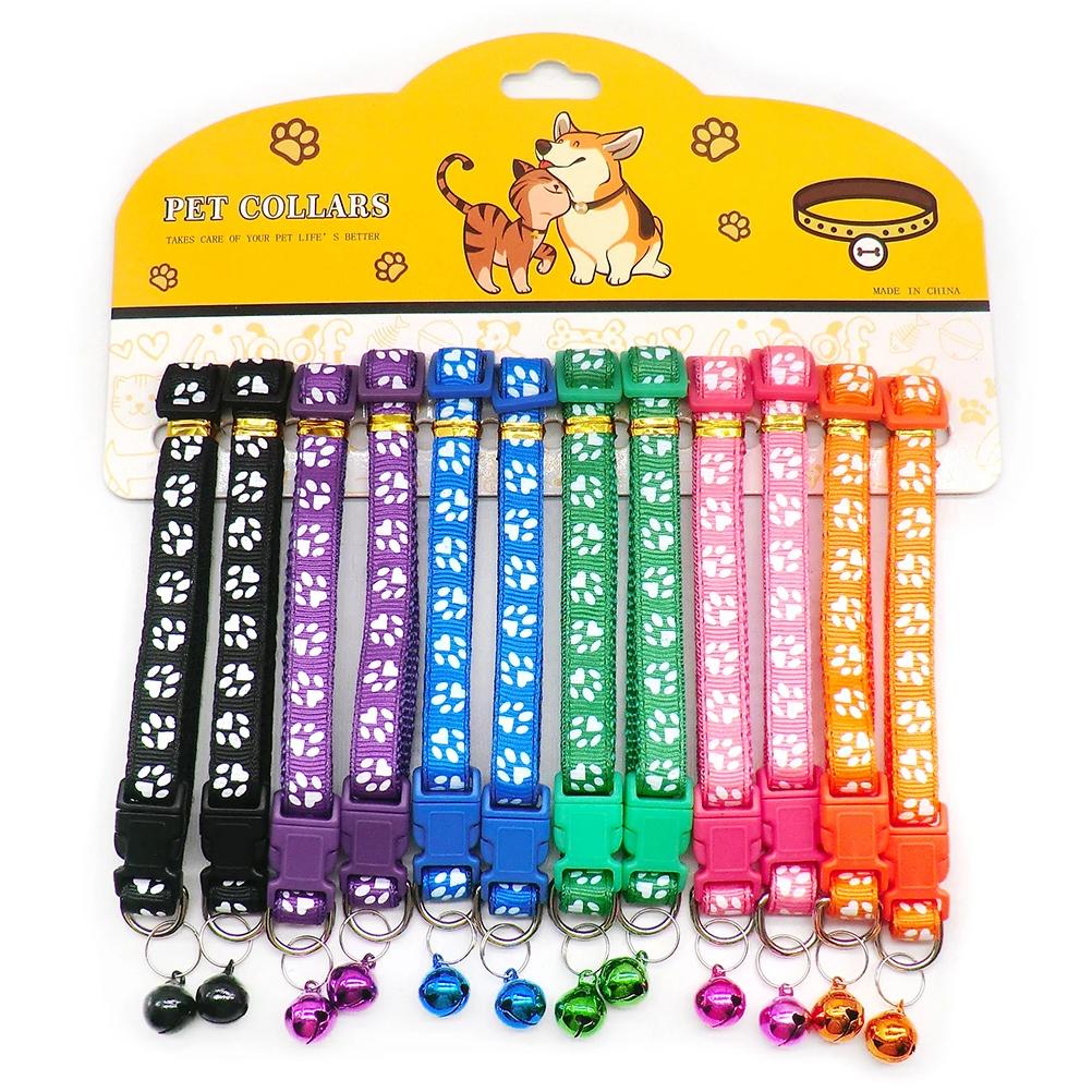 12Pcs Mix Color Anti-Lost Dog Collars Pet Cat Puppy Buckle Collar with Bell 6 Colors Footprint