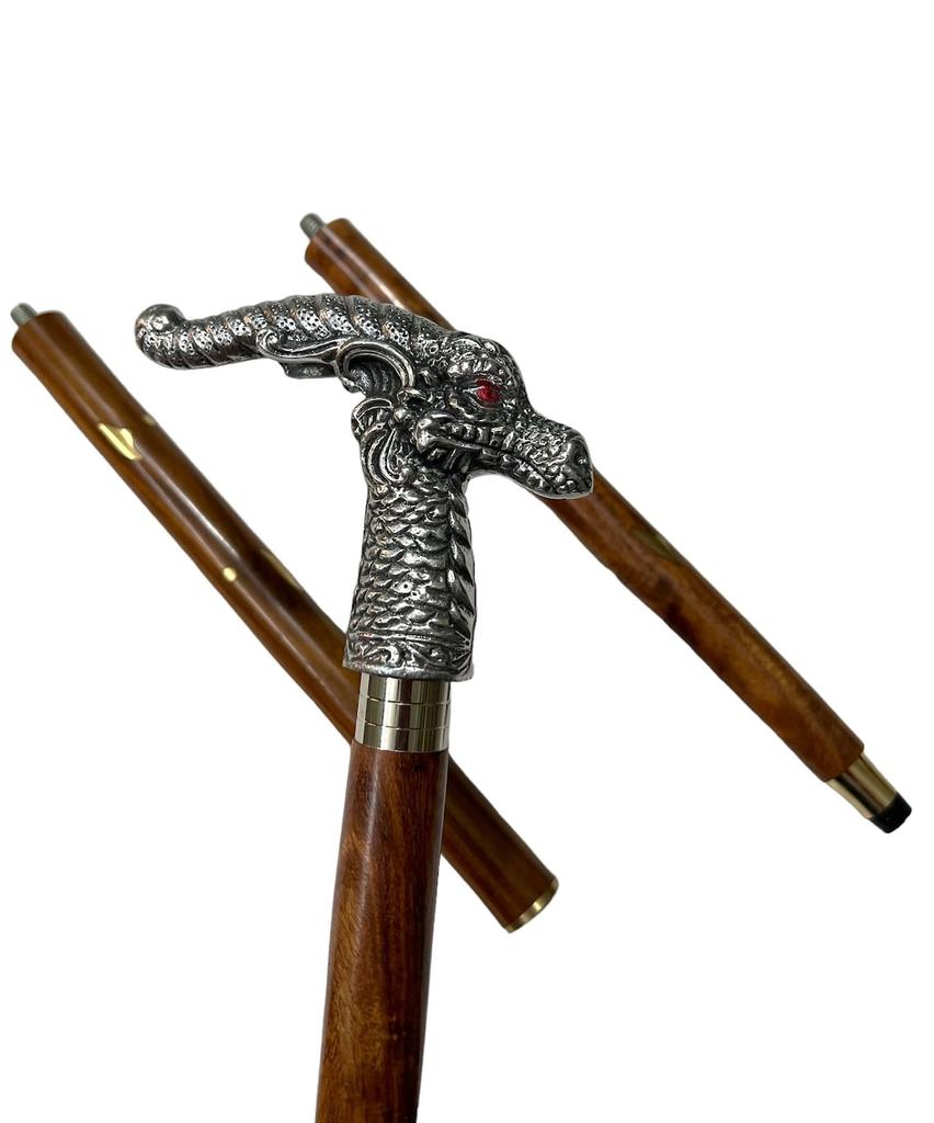 Dragon Head Walking Cane: Nickel Finish Wooden Stick, 36 Inch