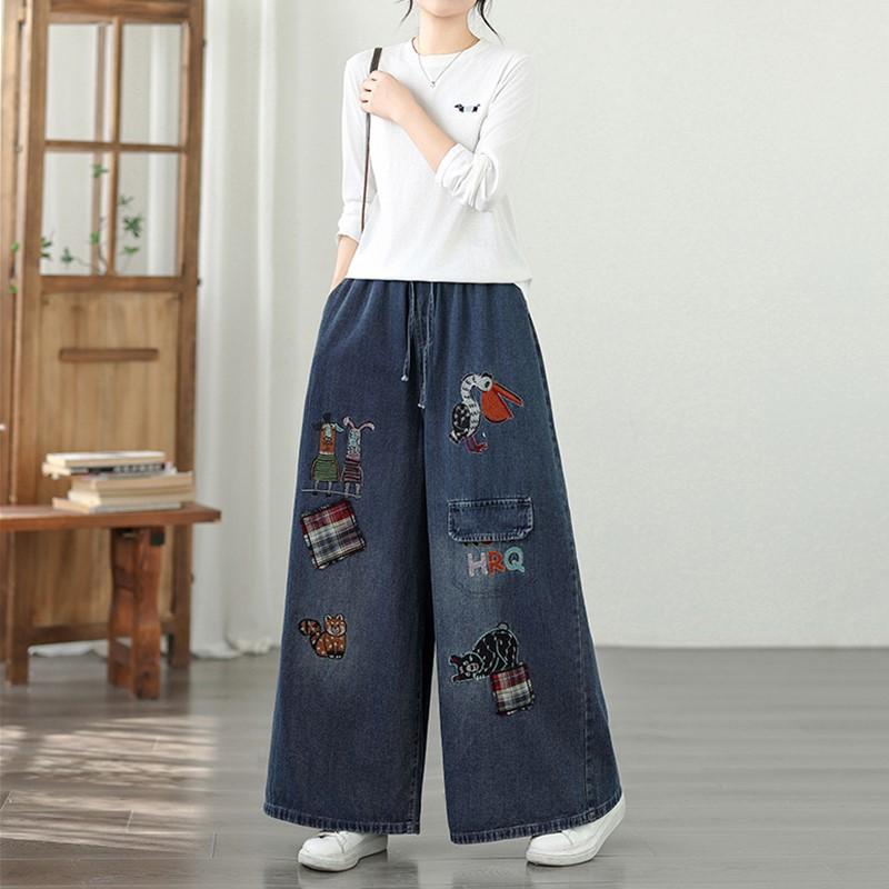 Plus Size Vintage Embroidery High Waist Casual Loose Women Spring Summer Autumn Jeans Denim Wide Leg Pants