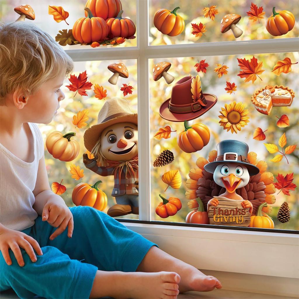 Thanksgiving Window Clings, 3D 8 Sheets Fall Window Clings Double Sided Turkey Pumpk Window Stickers for Glass Window Thanksgiving Fall Decorations