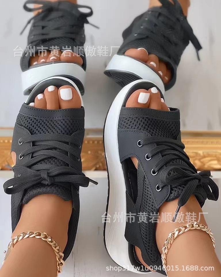Sandals Women's Summer New Fashion Fish Mouth Sandals Lace-up Wedge Heel Rocking Bottom Sports Sandals