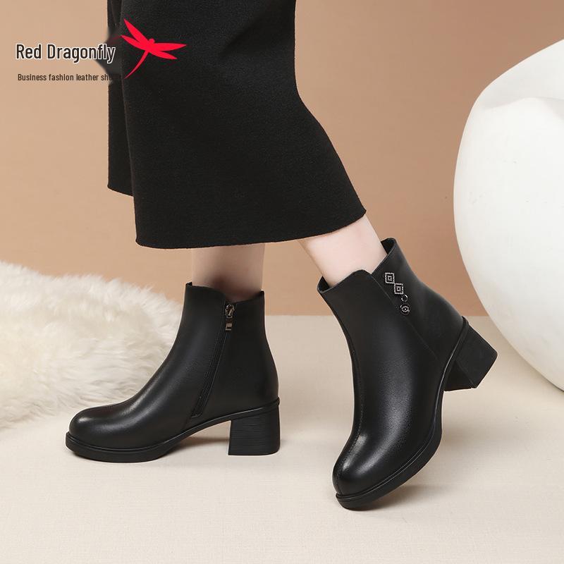 Red Dragonfly Women's Stylish High Heel Winter Boots - Genuine Leather Mid-Calf Short Boots with Chunky Heel and Cotton Plus Velvet Lining.
