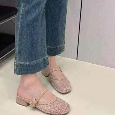 Mode Frühling Neu Baotou Hausschuhe Damenmode Runde Zehenpartie Flacher Ausschnitt Meshstoff Atmungsaktiv Ein Wort Riemen Mittelhohe Sandalen