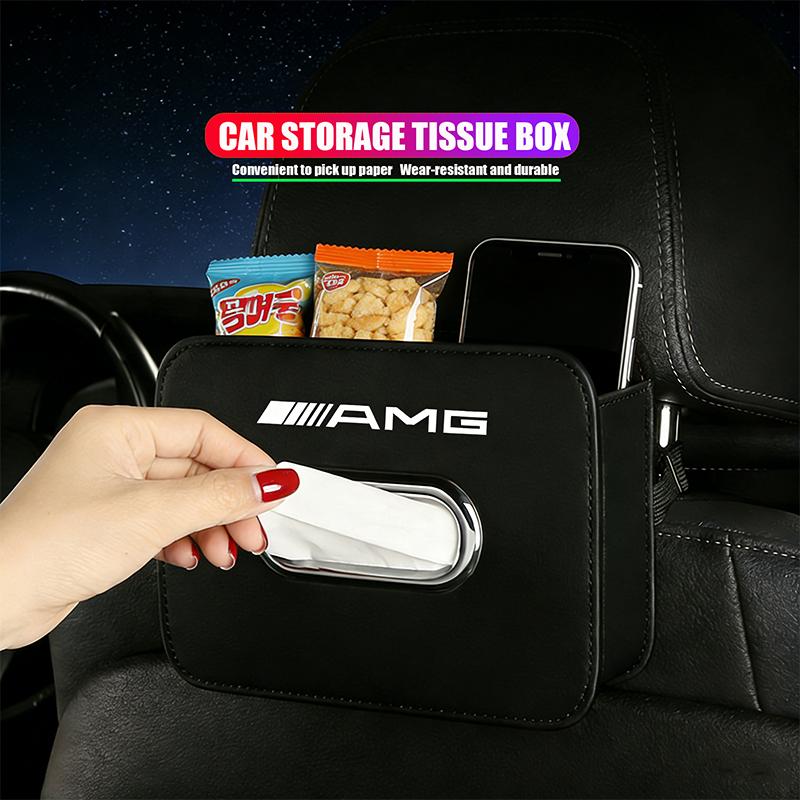 HCDS2 Car Door Storage Box Leather Car Logo Seat Backrest Tissue Box Sticker For Mercedes Benz AMG A B C E G CLA GLA W211 W214 W205