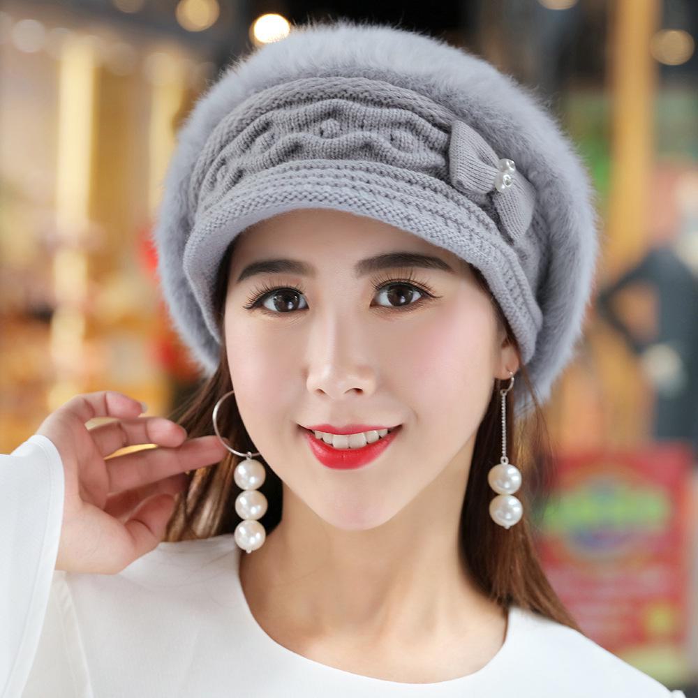 Women's Autumn/Winter Rabbit Fur Ear Protection Warm Hat with Thick Knit and Duckbill Design