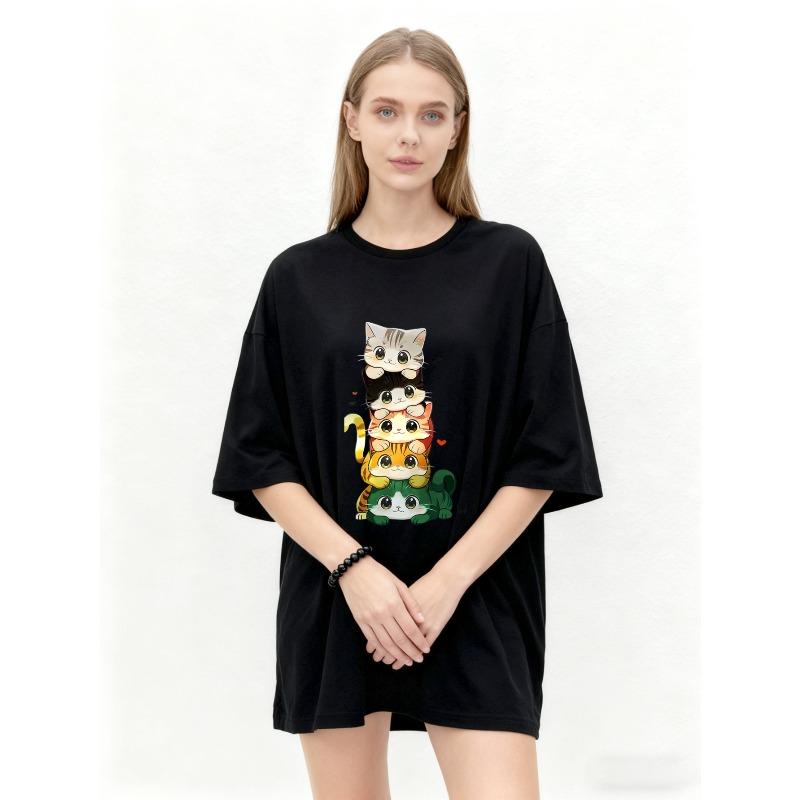 Oversized T Shirt Black Cute Cats Stack Print Casual Wear For Women Summer Fashion Streetwear Graphic Tee