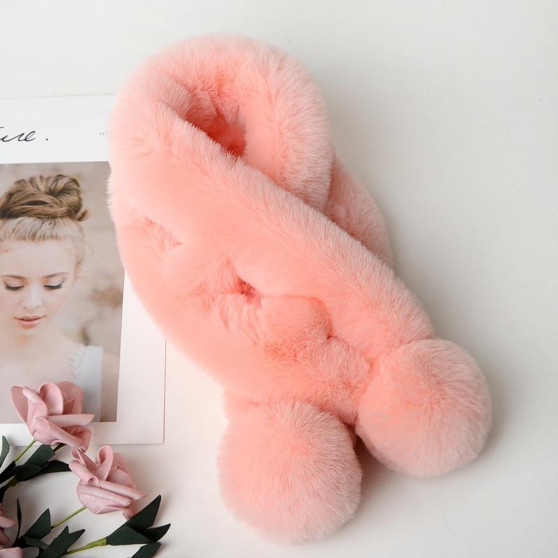 Dame Vinter Ensfarget Skjerf Myk Plysjball Dekor Fuskepels Tykke Skjerf Koselig Halsvarmer Kryss Vindtett Termisk Dame Halsvarmer