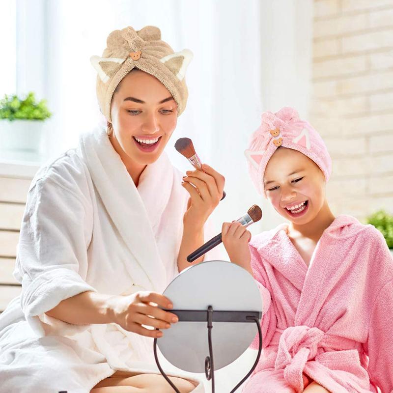 Quick Dry Hair Towels Women And Child Cute Cat  Ear Super Absorption Thicker Microfiber Turban Towels With Bear Buttons