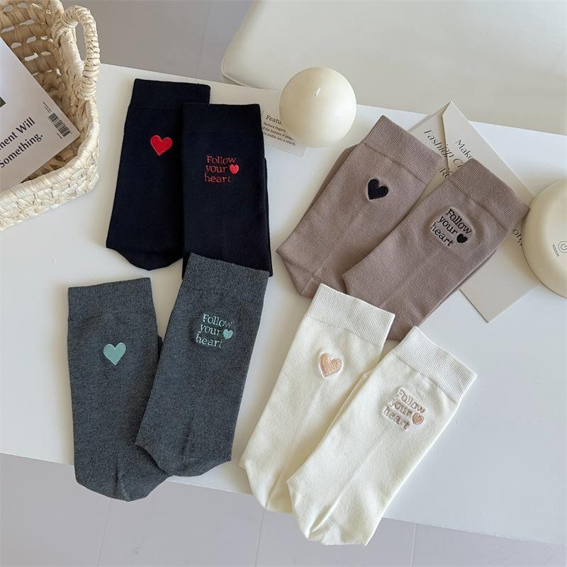 Embroidered Couple Winter Socks With Heart Letter Design High Elasticity Mid-Tube Anti-Slip Sport Socks