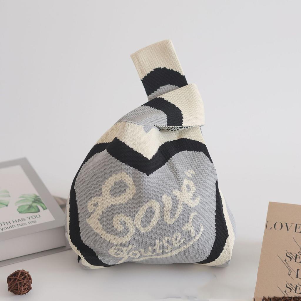 Women's Knot Wrist Bag Handmade Knitted Bag Portable Mini Striped Tote Bucket Phone Bags Large Capacity Autumn Winter Handbags