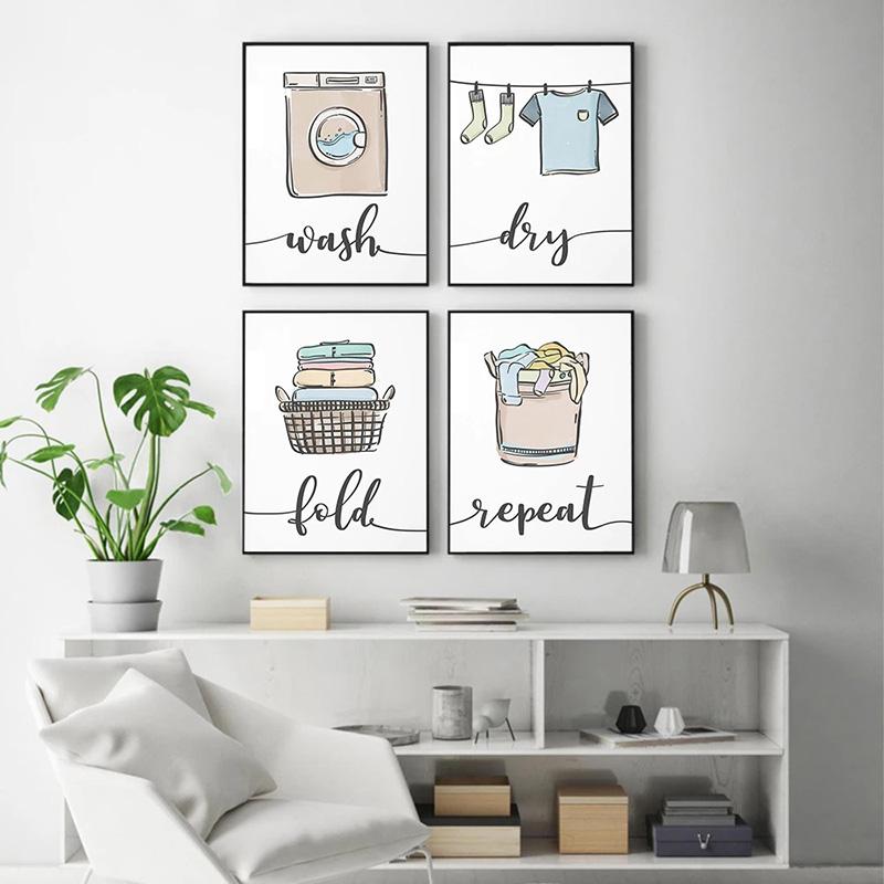 Wash Dry Fold Repeat Laundry Sign Colorful Wall Art Canvas Nordic Posters and Prints Pictures Room Home Decor Painting Cuadros