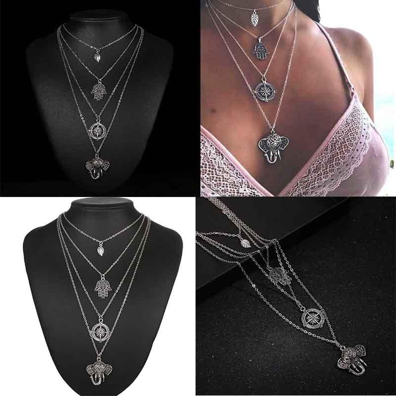 Fashion Boho Punk Retro Alloy Palm Sun Multilayer Necklace Leaf Elephant Pendant