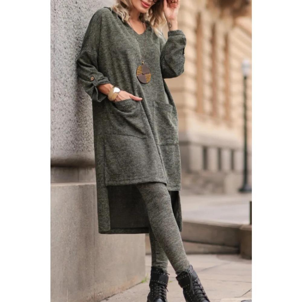 

Новый осенне-зимний женский повседневный модный комплект, однотонная рубашка с длинным рукавом, длинные брюки и двухпредметный комплект с капюшоном S зелёный