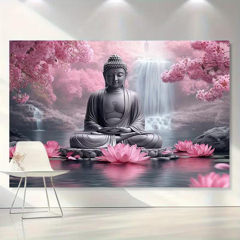 2D Zen Buddha Tapestry Cherry Blossom Waterfall Backdrop Cloth for Living Room