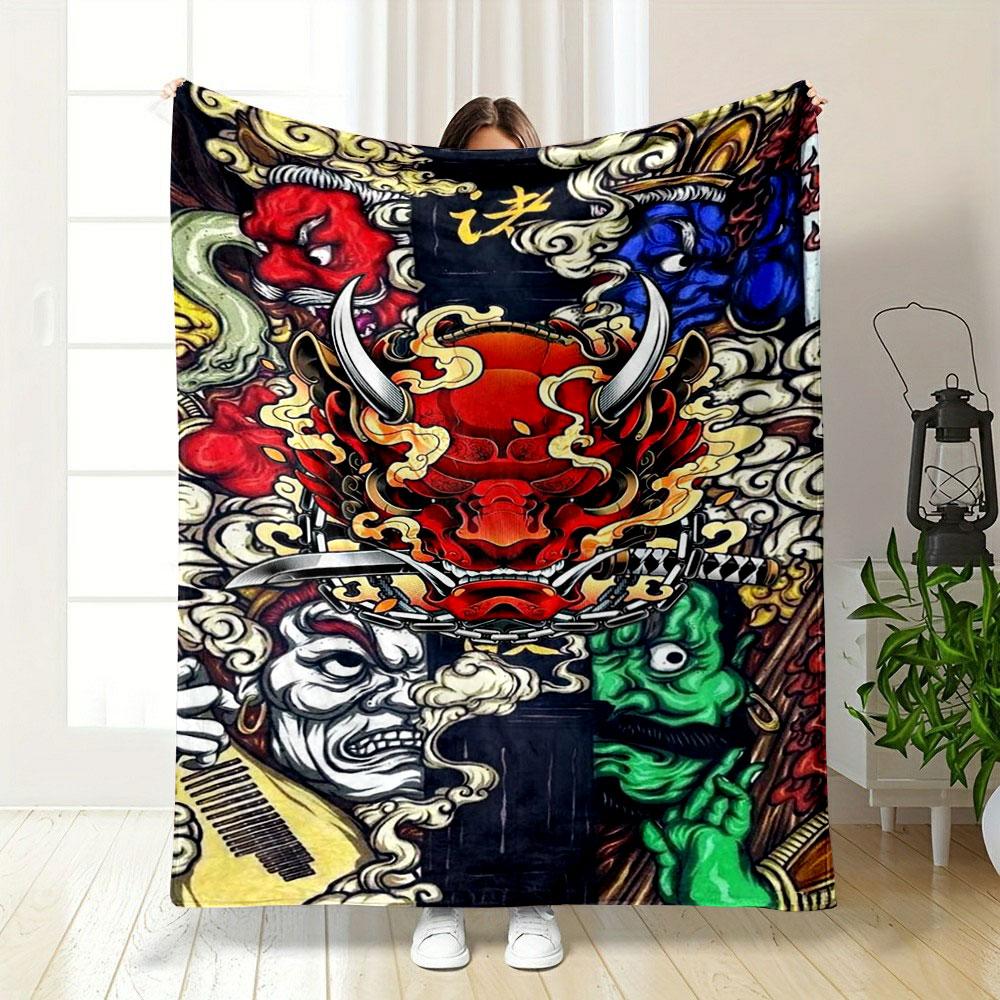 Japanese Style Oni Mask Clouds Blanket Bedroom Blanket for Livingroom Couch Lunch Break Soft Throw for Friend's Festival Gift
