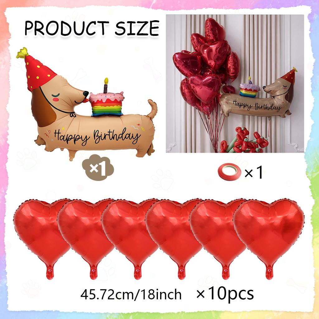 Cartoon style birthday dog balloon set with red bow balloons and pink heart balloons for birthday decoration and photo props