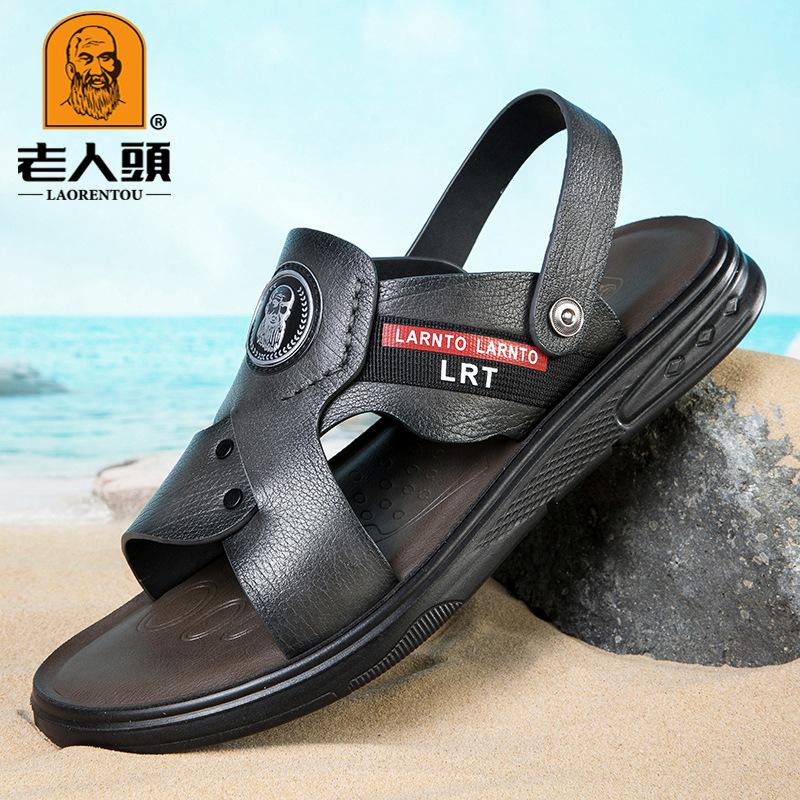 Men's Elderly Head Outdoor Sandals First Layer Cowhide Casual Non-slip Beach Shoes Leather Dual-purpose Driving Sandals