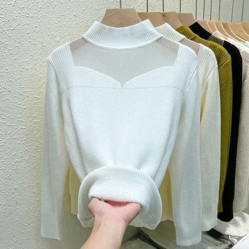 Gauze Half High Collar Velvet Knitted Sweater Women Winter Fashion Warm Pullovers Women Thicken Solid Soft Slim Sweaters 29786