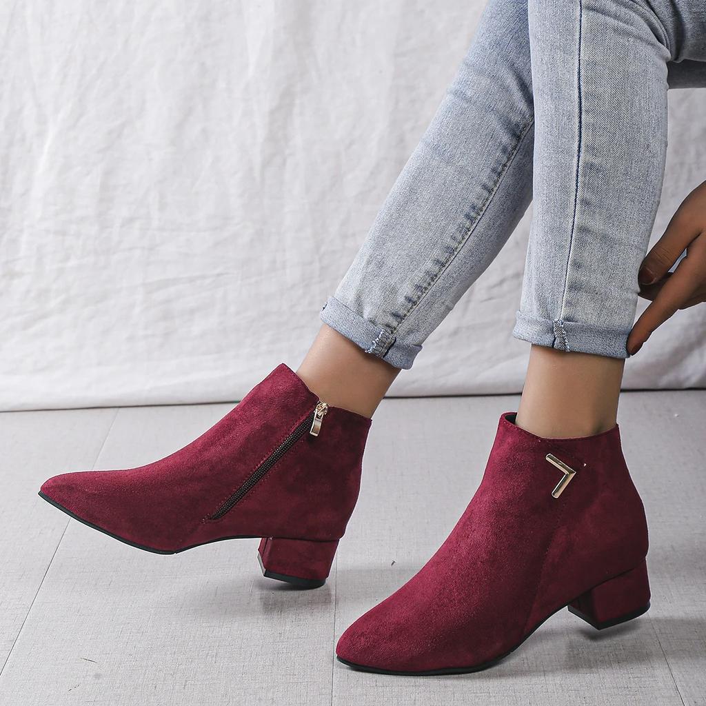 Fashion Women Boots Fashion Short Boots Women Autumn Winter New Thin Side Zipper Comfortable Boots Pointed Toe Thick Heel Shoes Women