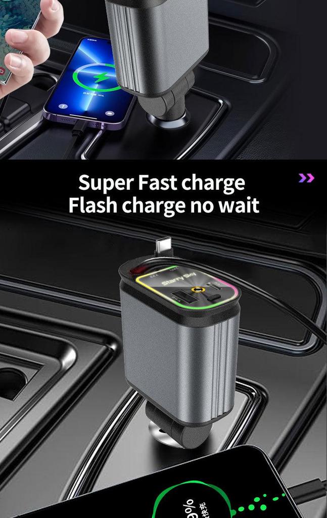 Starry Sky Ceiling Projector Car Charger with Retractable Multi-Device Cable and Super Fast Charging