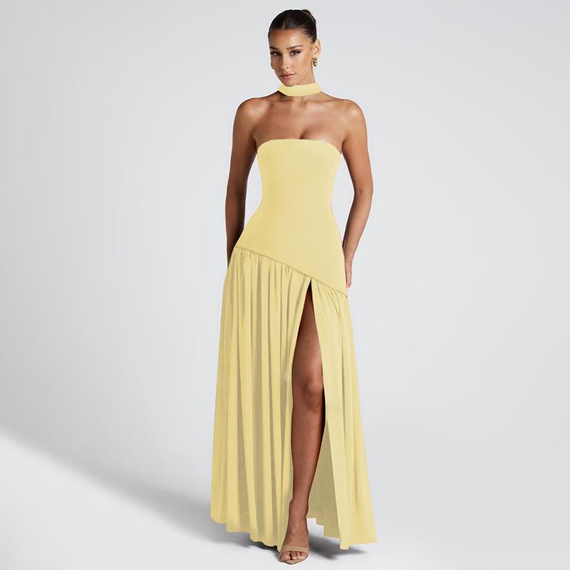 European & American Elegant Off-Shoulder Slim Fit Slit Dress with Ribbon Back