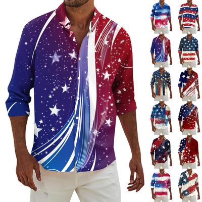 Men's Fashion Long Sleeve Independence Day Printed Casual T Shirt Button Regular Fit Shirt Top