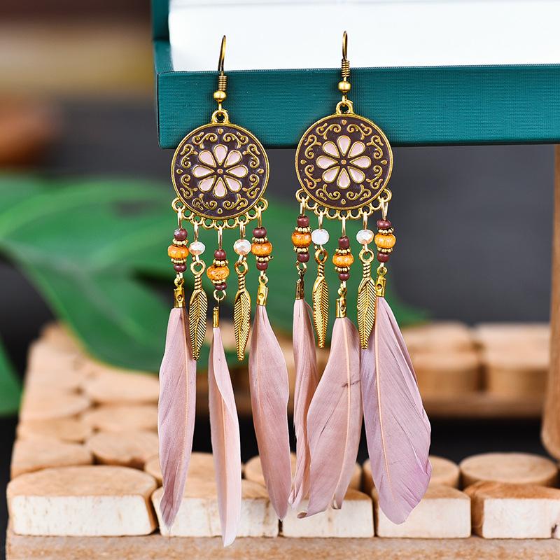 

Bohemian Long Sun Flower Feather Earrings for Women Trendy Ethnic Retro Gold Color Chain Tassel Earring Wedding Vacation Jewelry