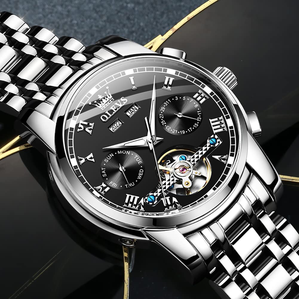 Men's Gold Automatic Watch, Mechanical Skeleton Design, Waterproof, Analog, Stainless Steel, Luxury Watch for Men (Black A)