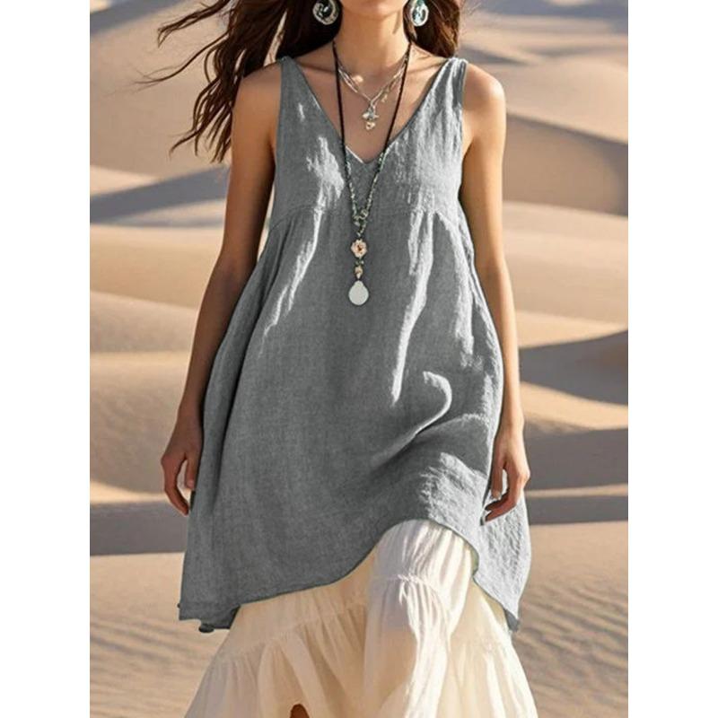 YYFS Women's Fashion Summer Spring Solid Color Print Sleevelesse V-Neck Loose Waistline Casual Dresses