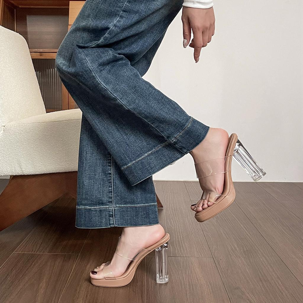 Platform transparent high heels for women small crystal sandals stepping on sandals
