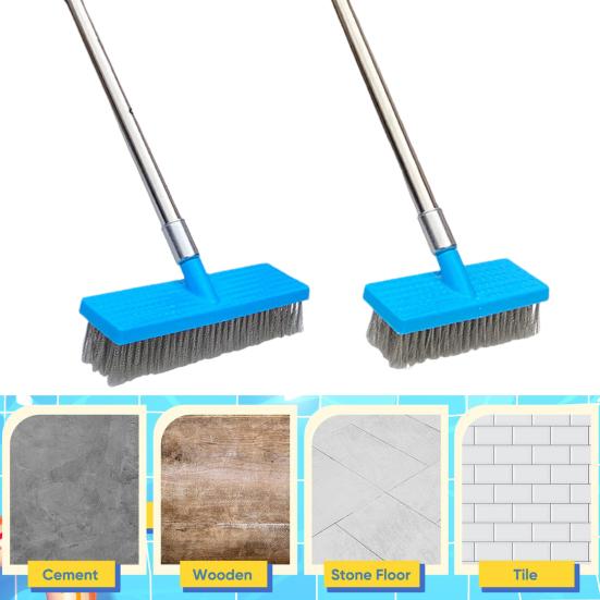 Stainless Steel Floor Brush with Long Handle Heavy Duty Floor Scrubber Ergonomic Angle Wire Cleaning Brush