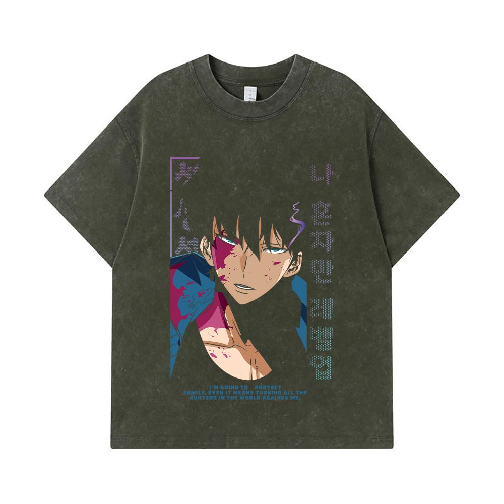 275 GSM Washed T-shirts 100% Cotton Solo Leveling V8 Print Unisex Heavy Cotton T Shirt S армия зеленый
