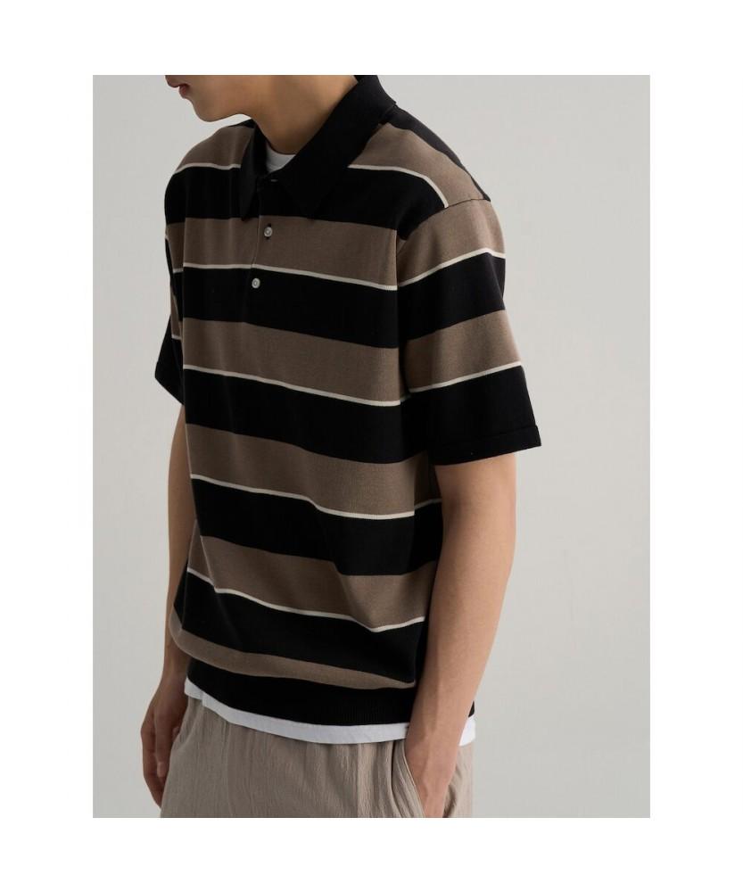 8seconds Fine Touch Cotton Collar Neck Striped Short Sleeve Knit Black