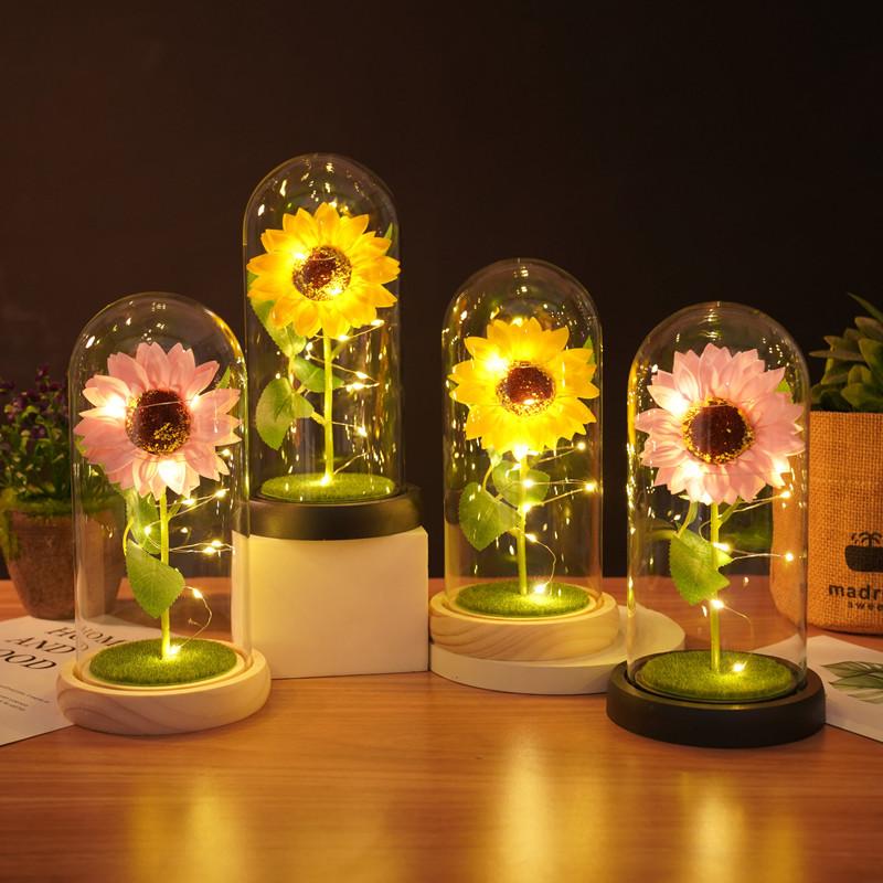 Sunflowers Artificial Flowers In Plastic Dome with LED Strip, Birthday Gifts for Mom & Grandma, Sunflower Decor On Mother's Day