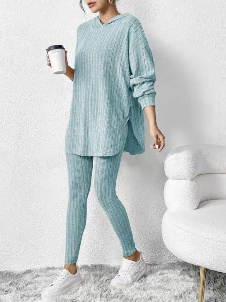 2025 Autumn and Winter Women's Pit Loose Hooded Long Sleeve Casual Pants Threaded Suit