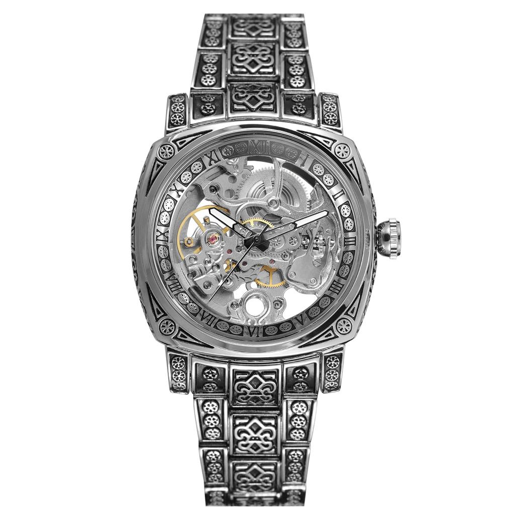 BOLYTE Skeleton Mechanical Square Vintage Engraved Steel Bracelet Deployant Retro Gift for Silver Men's Watch, Automatic, Case, & Clasp, Him,