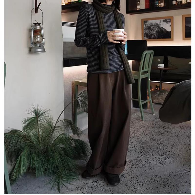 

One Breath of Oxygen Straight Barrel Chestnut Pure Cotton Twill Wide-Leg Trousers with Half Elastic Waist. S коричневый/каштановый