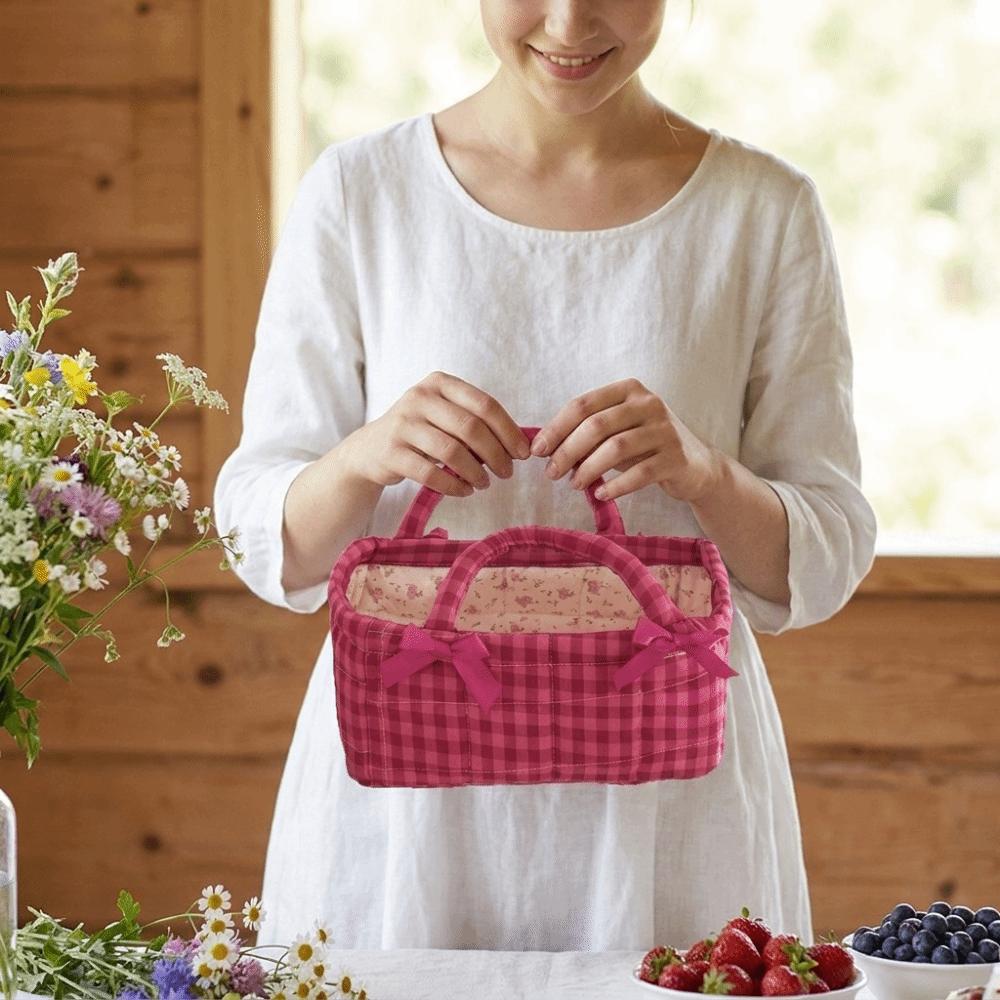 Quilted Craft Picnic Bag Plaid Design Storage Basket French Style Fabric Organizer Bedroom Use