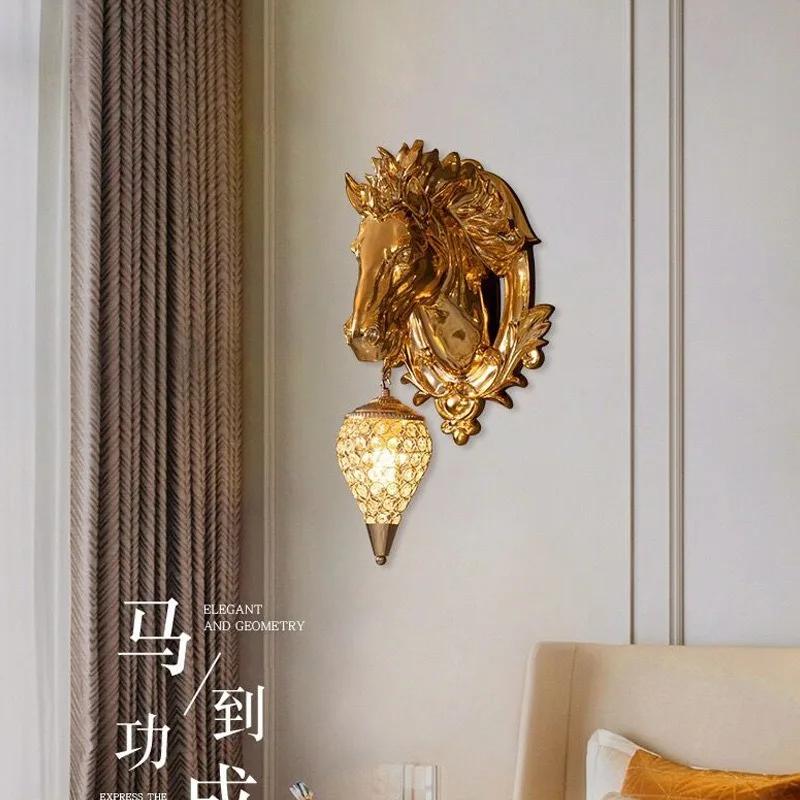 Electroplated Horse Head Wall Lamp Light Gold Luxury Living Room Wall Corridor Aisle Lamp European Creative Animal Led Wall Lamp
