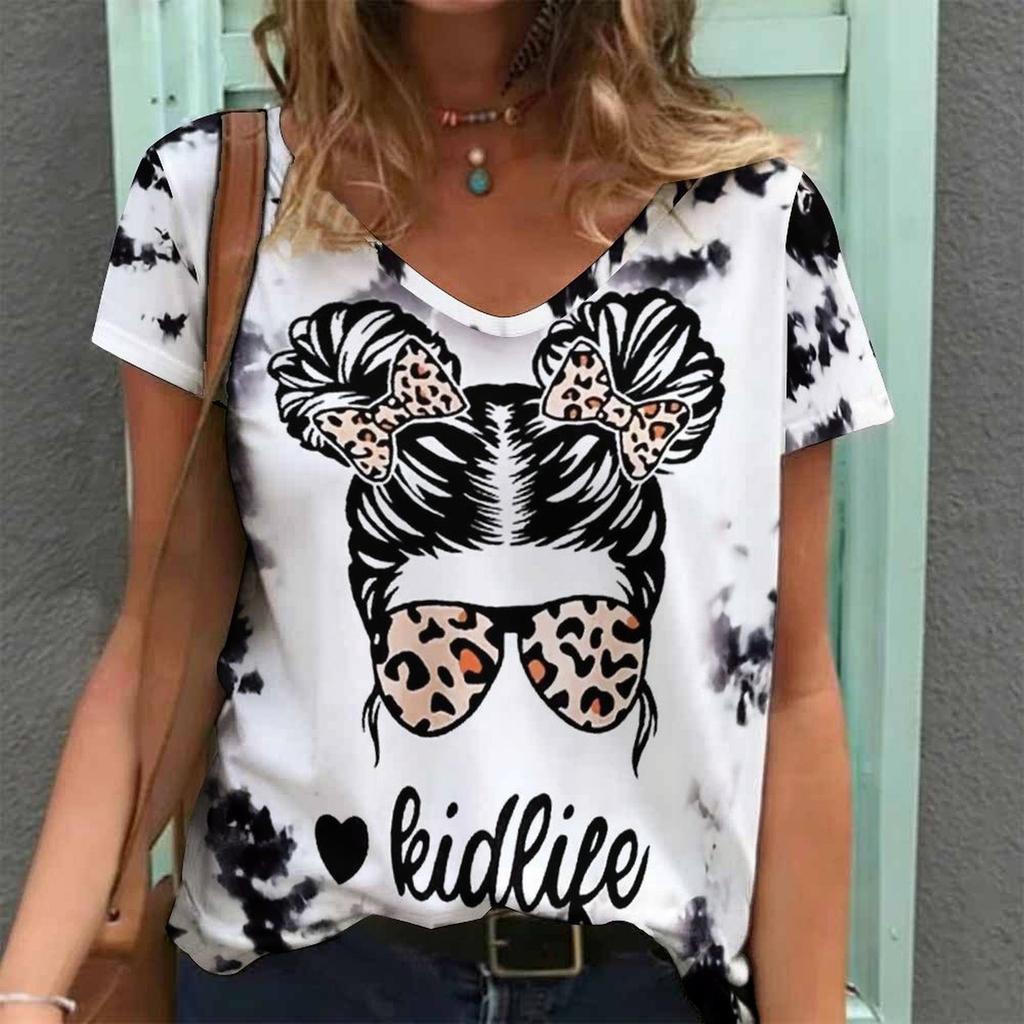 Women Print V Neck Short Sleeve Casual Loose Tunic Tops